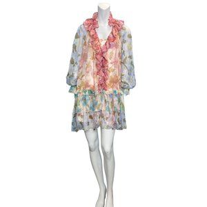 Beulah Style Floral Print Ruffle Tiered Long Sleeve Dress Pink Blue Size Large N